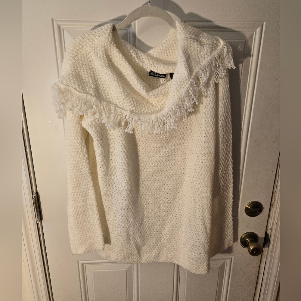 Vintage Time And A Half Size 3x Acrylic Sweater Swoop Neck With Fringe Cream